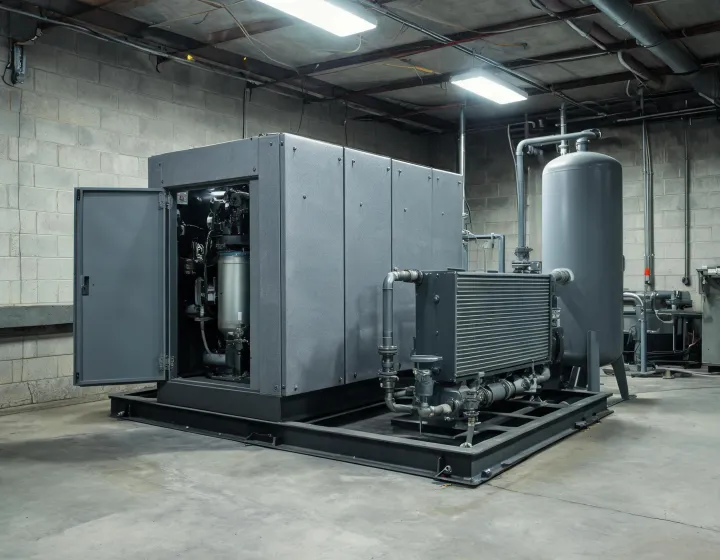 Oil-injected rotary screw air compressor package in a US compressor room with receiver and condensate drains
